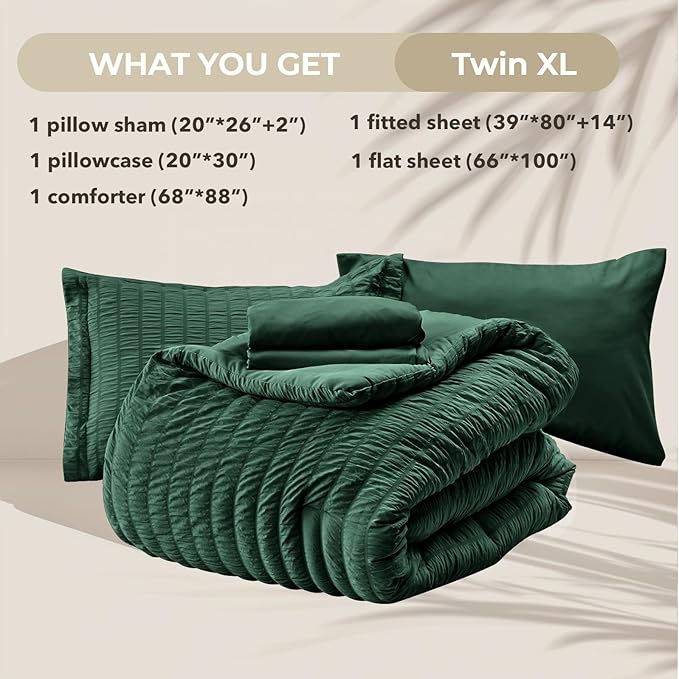 HYMOKEGE Emerald Green Twin XL Comforter Set Seersucker 5 Pieces, All Season - Image 6