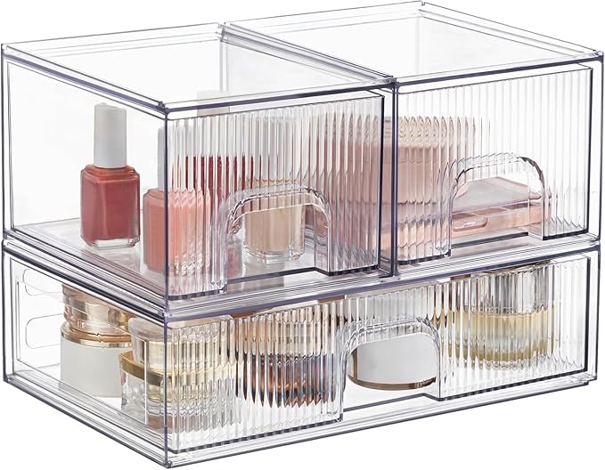 Vorey Clear Stackable Desk Storage Drawers, 3 Pack Acrylic Bathroom Makeup Organizers, Easily Assemble All Purpose Plastic Bins for Brightroom, Pantry Organization, Vanity, Undersink, Cabinet