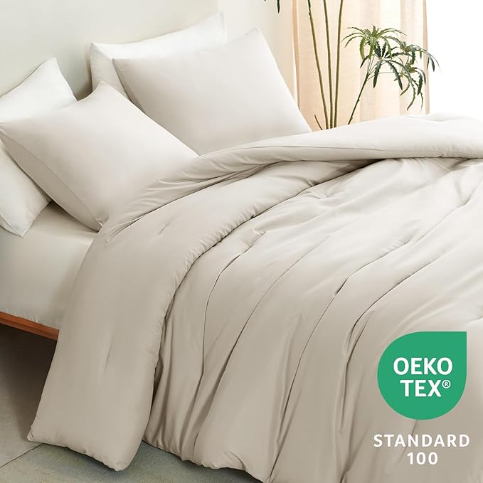 CozyLux Oversized King Comforter Set Beige, 3 Pieces 120x98 Solid Breathable - Image 4