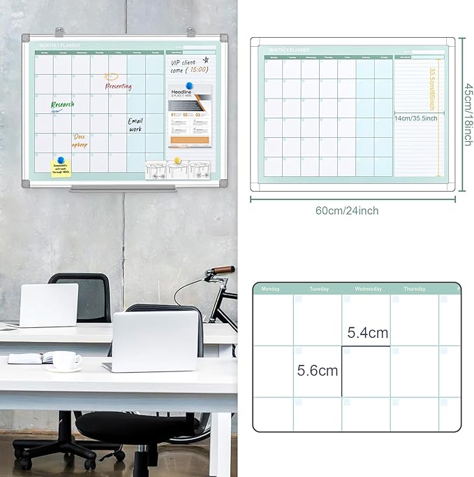 MAKELLO Dry Erase Calendar for Wall 24" x 18", White Board Calendar with Next Month for Office, Family, Kitchen and Bedroom
