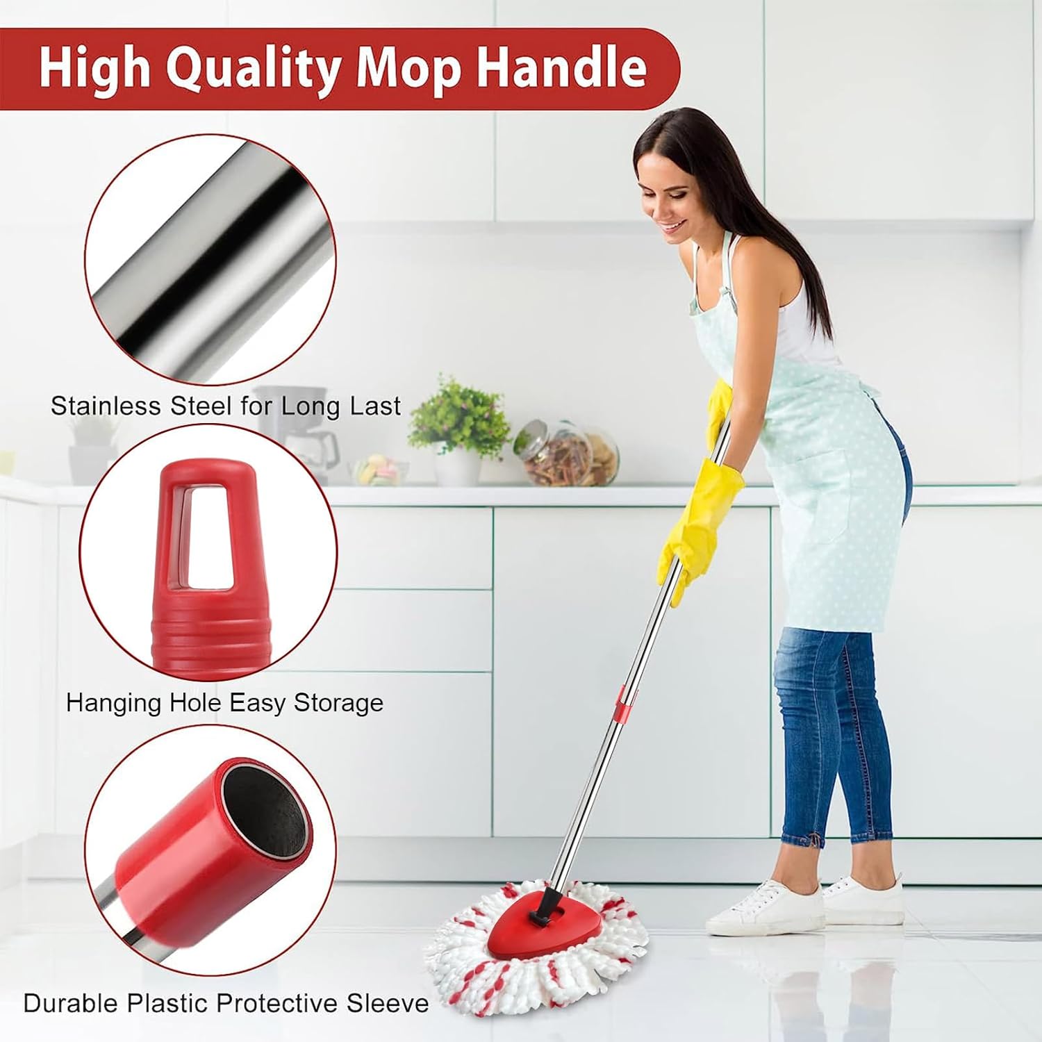 Spin Mop Replacement Head, Base, Handle Compatible with Ocedar Mop Set EasyWring 1-Tank Microfiber Spin Mop, 2 Refills Replacement Heads, 30-58in Handle and 1 Base Combo Set