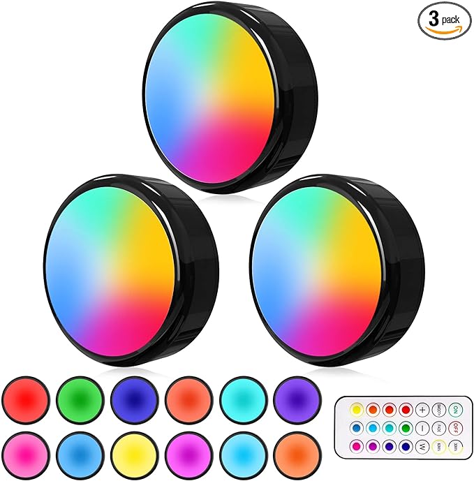 ILYXY LED Puck Lights with Remote, 3 Pack Under Cabinet Lighting, Battery by ILYXY