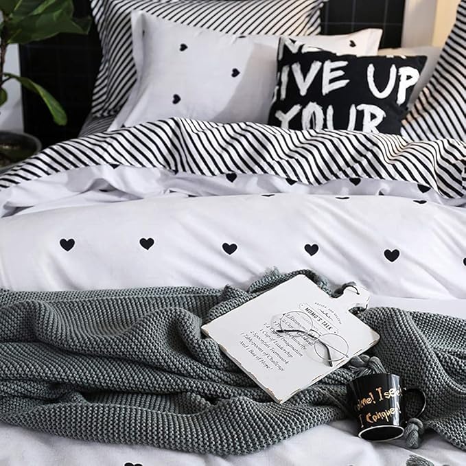 Omelas Kids Heart Love Twin Duvet Cover Set Black and White Teens Girls Lovely - Image 4