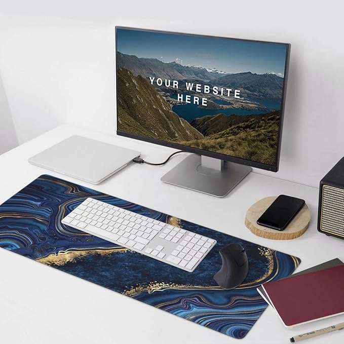 CANFLASHION Gaming Mouse Pad,Large Mouse Pads for Desk,Non-Slip Rubber Base Extended Mousepad,XXL Keyboard Mouse Mat,Computer Keyboard Desk Pad with Stitched Edges,35.4x15.8inch,Blue Golden Marble