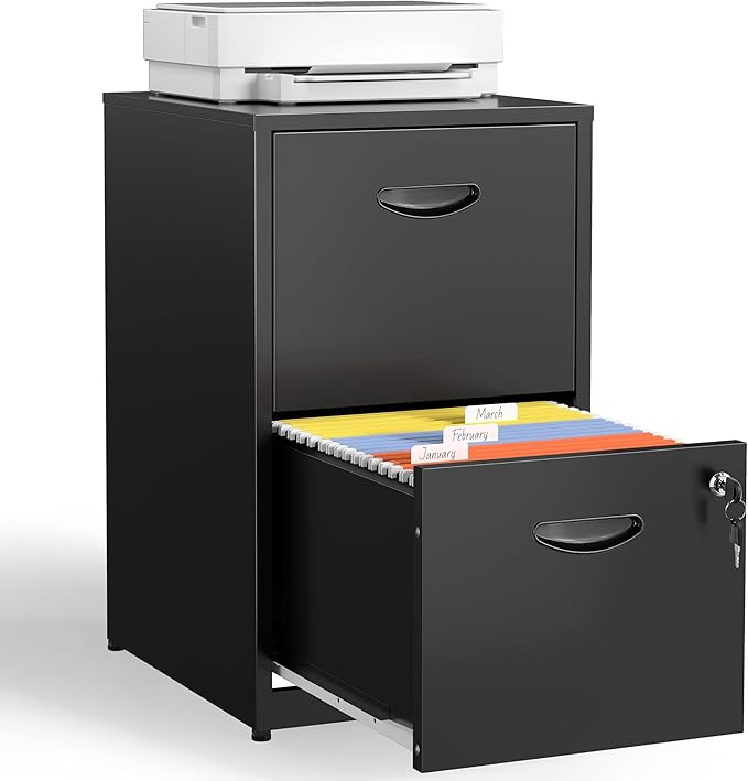 Kubohogar 2 Drawer File Cabinet with Lock,Black Metal Filing Cabinets,Vertical Locking File Cabinet Fit Hanging Files, Letter,File Box and A4 Documents (Black)
