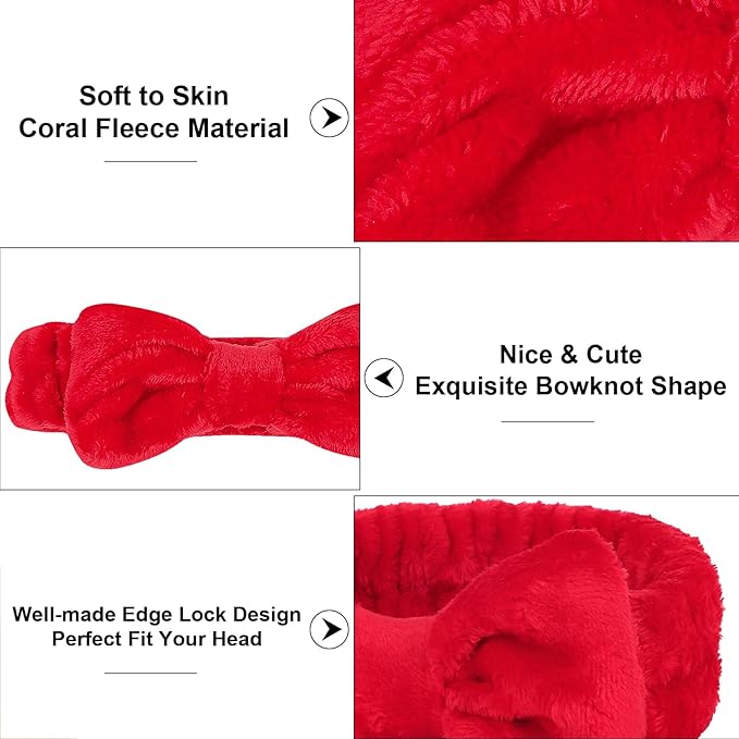 Casoty 6 Pcs Red Spa Headbands, Skin Care Headband, Soft Coral Fleece Makeup - Image 7