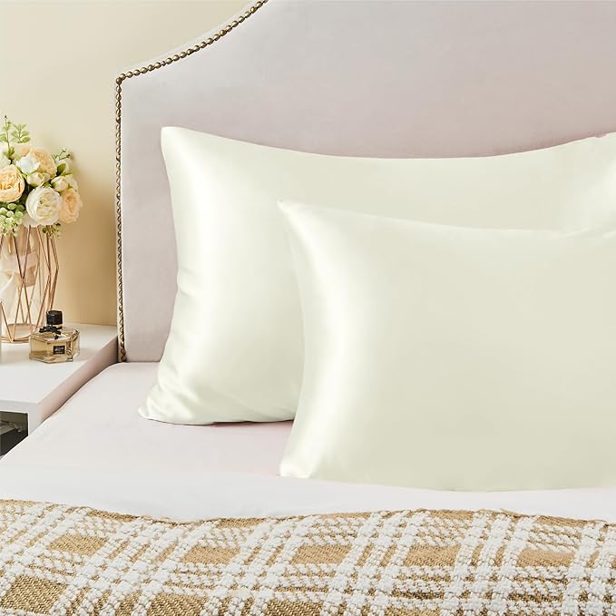 BEDELITE Satin Pillowcase with Zipper, Ivory Pillow Cases Queen Size Set of 2 - Image 6