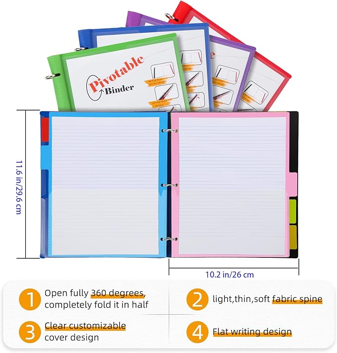 Tashkummy 360° Pivotable Project Organizer Binder, 2 Pack Upgraded 3 Ring Binder with Colored Tab Dividers with Pockets, Customizable Cover Multi Pocket Folder Binder for Home, School, Office- Blue