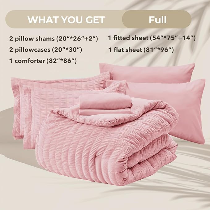 HYMOKEGE Pink Full Size Comforter Sets Seersucker 7 Pieces, All Season Luxury - Image 5