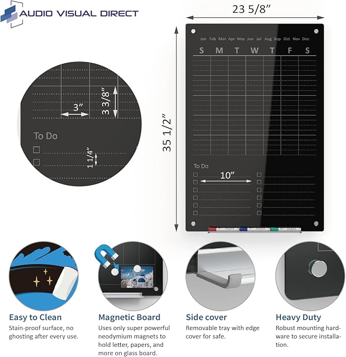 Audio-Visual Direct Magnetic Weekly Planner Dry-Erase Board for Wall - 24" x 36" - (to Do List, Black)