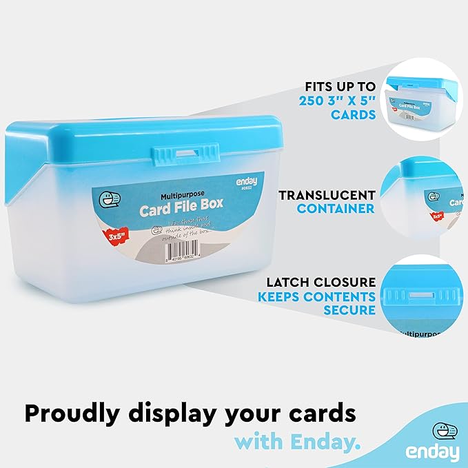 Enday Index Card Holder Blue, 3x5 Note Flash Card Organizer Case, Index Card File w/flip top, Notecard Recipe, Holder, Holds 250 Cards, Also Available in Purple, Red, Green, Grey, Pink (1 PC)