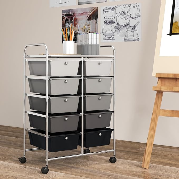 GOFLAME 10-Drawer Rolling Storage Cart, Art Craft Storage Organizer on Wheels, Multipurpose Movable Utility Cart for School, Office and Home, Black Gradient