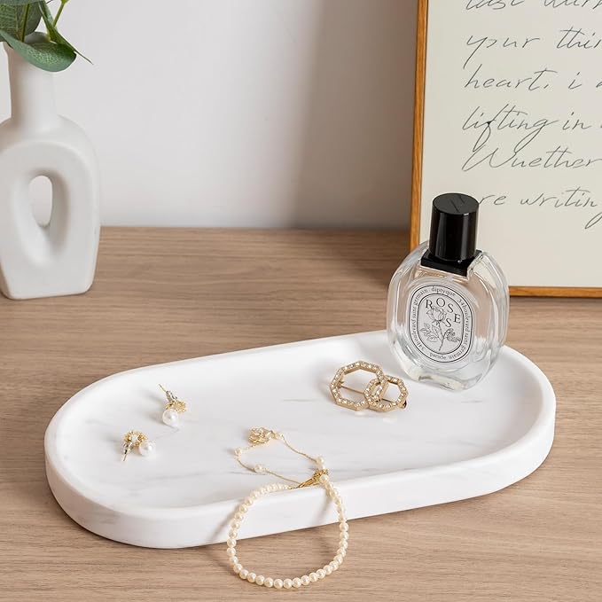 Koville White Marble Oval Tray for Bathroom Countertop, Stone Perfume Organizer - Image 6