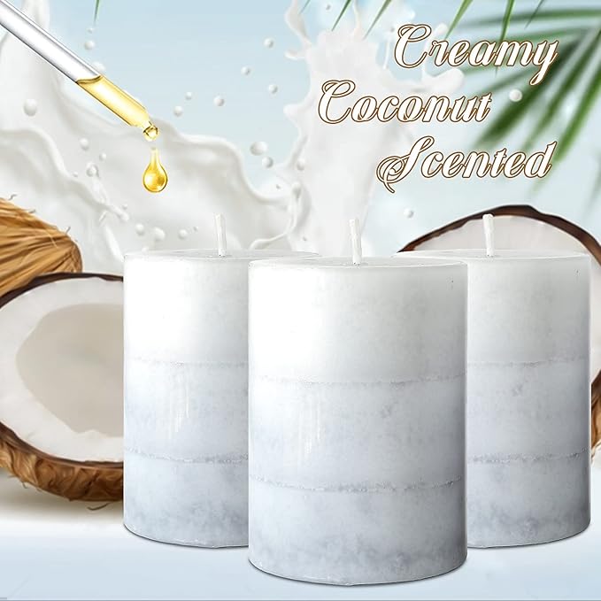 Set of 3 Scented Pillar Candles Creamy Coconut Scented 3" x 4" Long-Lasting - Image 3