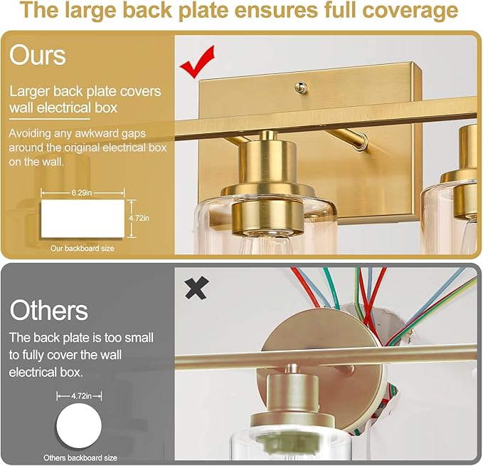 3-Light Vanity Lights with Clear Glass Shades, Brushed Gold Bathroom Light - Image 5