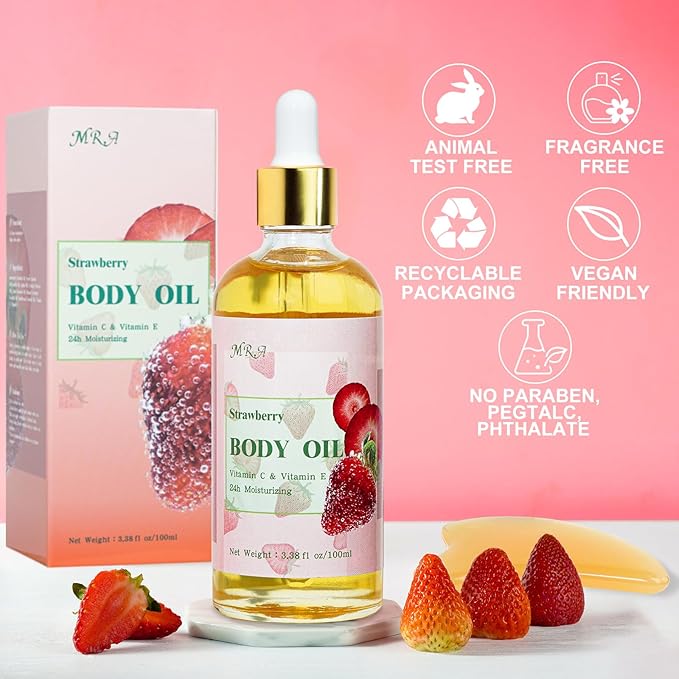 MR.A 2 Pack Strawberry Body Oil Juice Scented, Vitamin E Body Oil after Shower - Image 6