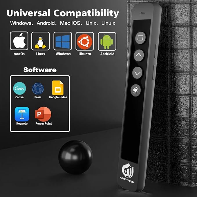 AMERTEER Wireless Presenter Remote – Presentation Clicker with 2.4GHz RF Hyperlink & Volume Control, Built-in Rechargeable Battery, Compatible with Keynote, PowerPoint, Mac, PC, and Laptops