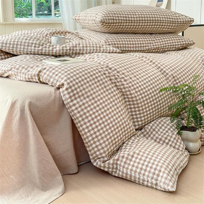 Nayoroom Brown Gingham Duvet Cover Full Size Tan White Plaid Checkered Duvet - Image 5