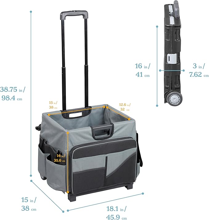 ECR4Kids Universal Rolling Cart with Canvas Organizer Bag, Mobile Storage, Black/Grey