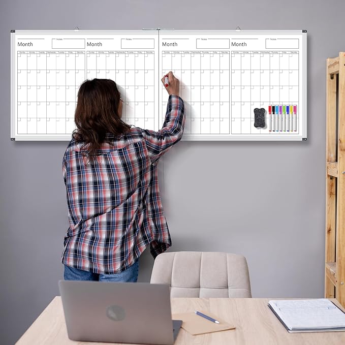 Lincia 48" x 18" Magnetic Horizontal 4 Month Dry Erase Calendar for Wall Undated Dry Erase Planner Aluminum Frame Whiteboard Calendar for Home School Office Projects Wall Fridge