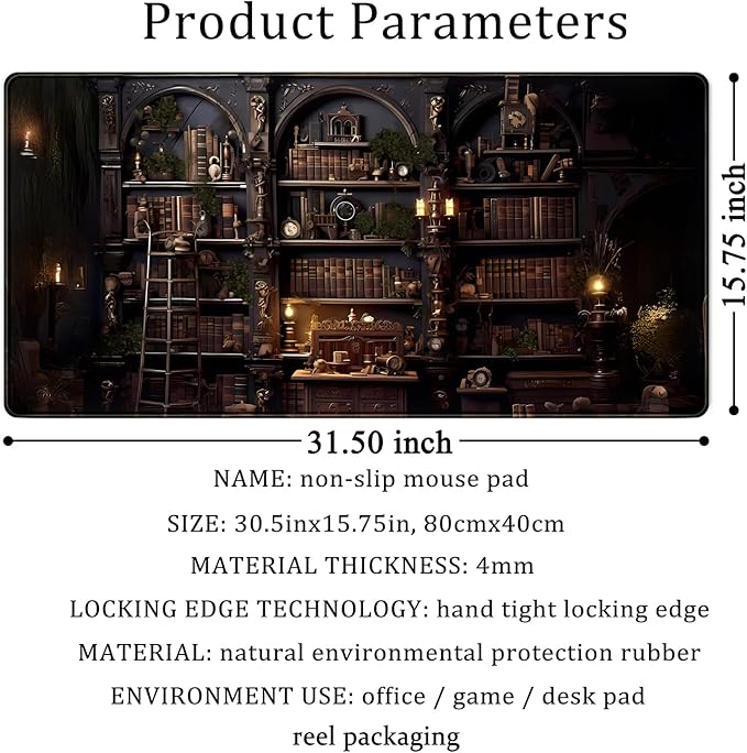Black Vintage Gothic Desk Mat Black Dark Academia Desk Pad Medieval Bookshelf Large Flower Mouse Pad XXL Plant Mousepad Extended Laptop Computer Keyboard Mat Office Desk Decor 31.5x15.8 in