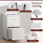 Kubohogar 2 Drawer Mobile File Cabinet with Lock, White Metal Filing Cabinets with Wheels, Vertical Rolling File Cabinet Fit Hanging Files, Letter and A4 Documents