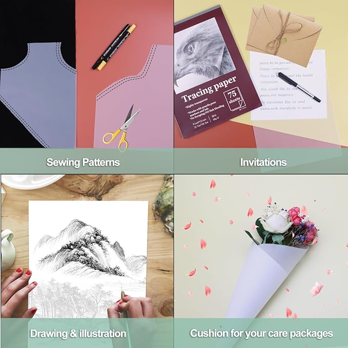 Tracing Paper 8.5x11 inch, 100 Sheets Transparent Vellum Paper for Tracing Pads, 38lb/60gsm Translucent Tracing Paper for Pencil, Marker and Ink，Trace Images, Sketch, Preliminary Drawing, Overlays.