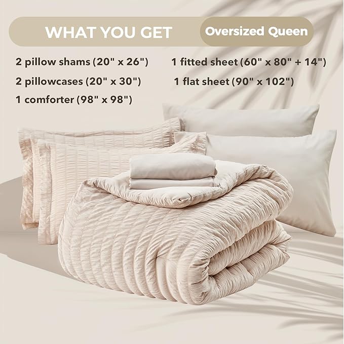 HYMOKEGE Beige Oversized Queen Comforter Set Seersucker 7 Pieces, All Season - Image 6