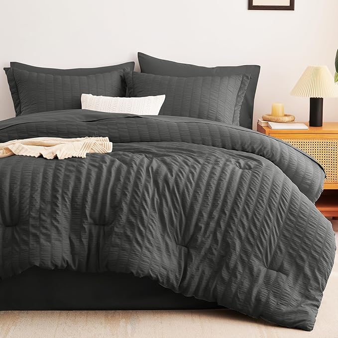 CozyLux Queen Comforter Set Dark Grey Seersucker 7 Pieces Bed in a Bag Queen - Image 9