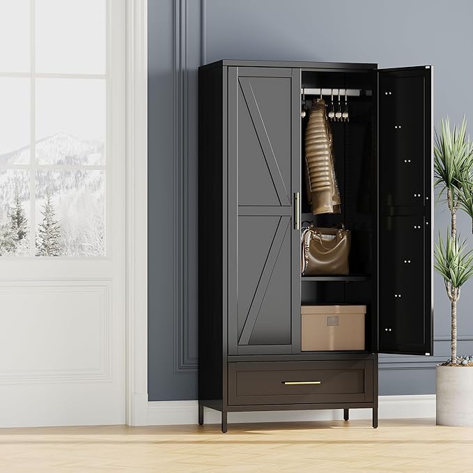 SUPEER Metal Wardrobe Cabinet with 1 Drawer and Hanging Rod, 70.9" H Metal Armoire Wardrobe Closet with Adjustable Shelf for Bedroom, Laundry Room, Home,Office,Installation Required,Black
