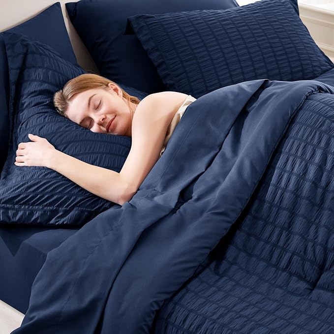 CozyLux Oversized King Comforter Set Navy Blue Seersucker 7 Pieces 120x98 Bed - Image 5