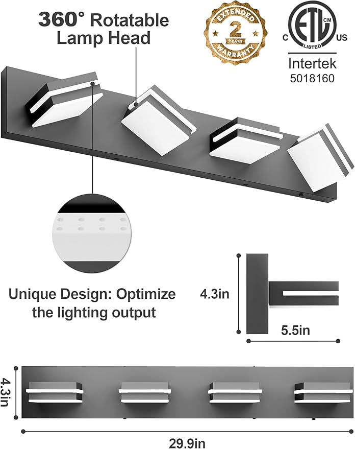 VOLISUN Modern 30-Inch 4-Light Black LED Bathroom Vanity Light Fixtures Over - Image 6