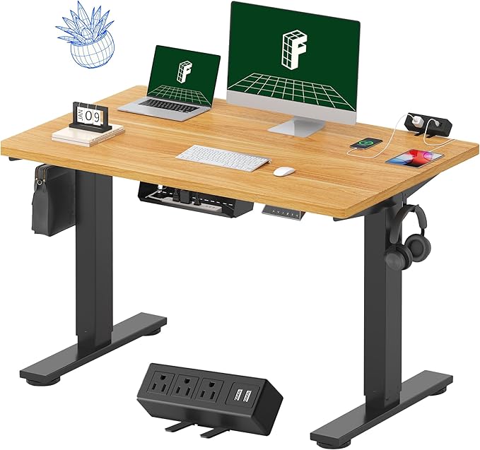 FLEXISPOT EN2 Whole-Piece Standing Desk with Clamp Power Strip, 48 x 30 Electric Stand Up Height Adjustable Desk with Cable Management (Black Frame + 48" Maple Top, 2 Packages)
