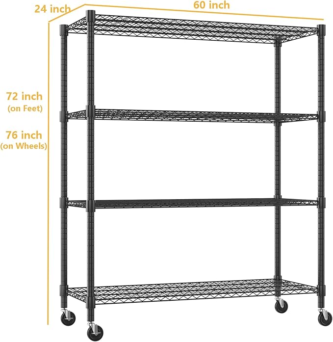 Himimi Storage Shelves 60" W Wire Shelving with Wheels 2600LBS Heavy Duty Metal Shelves for Storage, 4-Tier Adjustable Wire Rack Shelving Garage Shelving Kitchen Storage Shelves 24" Dx60 Wx72H, Black