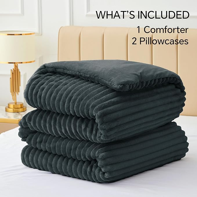 BEDELITE Fleece Queen Comforter Set -Super Soft & Warm Fluffy Dark Grey Bedding - Image 6