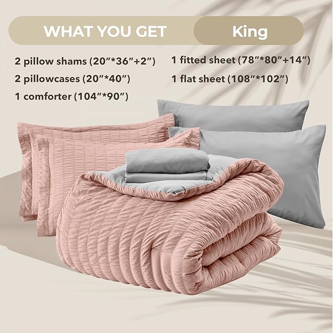 HYMOKEGE Rose Gold/Light Grey King Size Comforter Set Seersucker 7 Pieces - Image 6