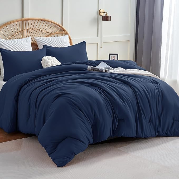 CozyLux Queen Comforter Set Navy Blue, 3 Pieces Solid Comforters Queen Size by CozyLux