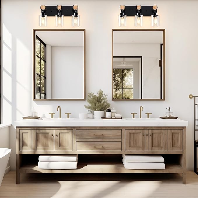 Licperron Farmhouse 3-Lights Wood Bathroom Vanity Light, Rustic Black Bathroom - Image 8