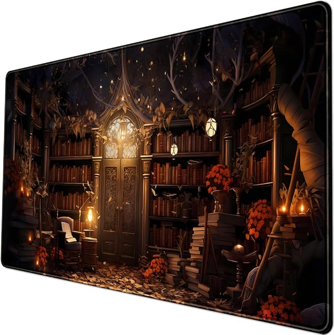 Medieval Bookshelf Desk Pad Mat Vintage Gothic Bookcase Bookshelf Deskpad Large Gaming Flower Mouse Pad XXL Plant Keyboard Mouse Pads Large 31.5x15.8 in-with Stitched Eges Non-Slip Base Mat