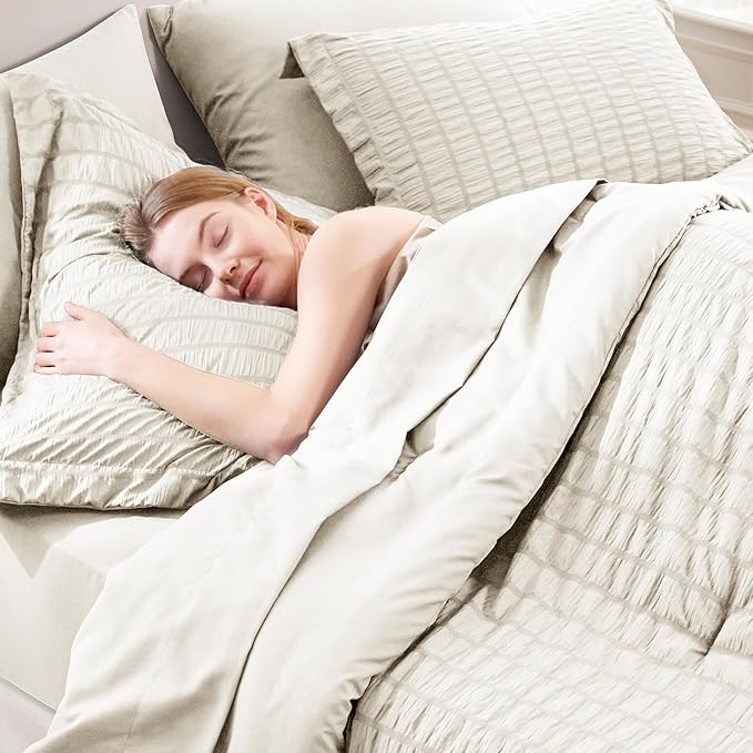 CozyLux Queen Comforter Set Beige Seersucker 7 Pieces Bed in a Bag Queen - Image 6