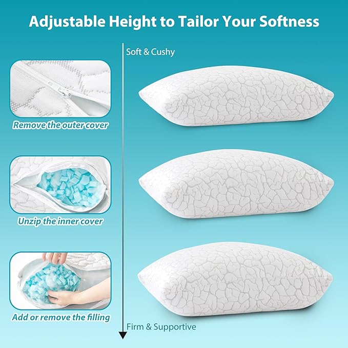 Cooling Pillows for Sleeping 2 Pack, Adjustable Shredded Memory Foam Pillows - Image 5