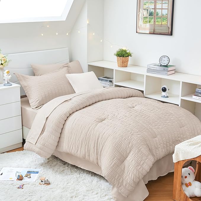 HYMOKEGE Beige Twin XL Comforter Set Seersucker 5 Pieces, All Season Luxury Bed by HYMOKEGE