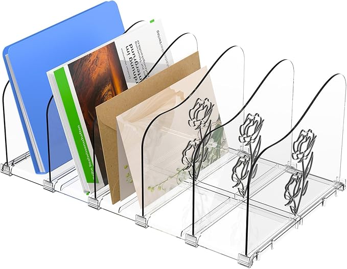 COWVTUJ Adjustable Rose File Organizer for Desk, Vertical File Folder Holders for Magazines, Upright Desktop Binder Organizer, Clear Paper Bookshelf Divider File Sorter for School Office Supplies