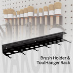 Wall Mount Brush Holder & Tool Hanger Rack for Garage, Detailing Organizer with Mounting Hardware - Holds 12 Brushes + Hooks for Towels & Tools