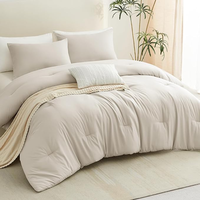 CozyLux Full Size Comforter Set Beige, 3 Pieces Solid Breathable Quilted - Image 8
