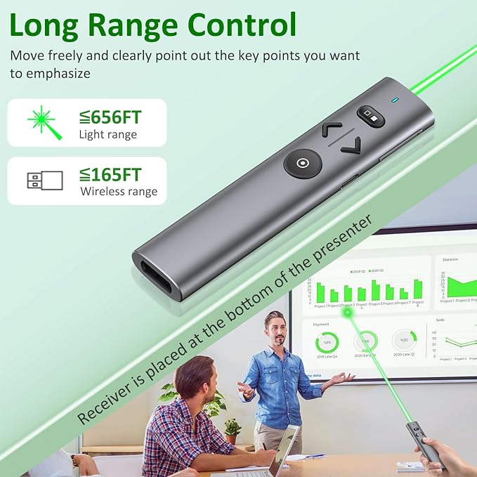 2 in 1 USB Type C Presentation Clicker with Green Pointer, Rechargeable Wireless Presenter for PowerPoint Presentation Pointer PPT Clicker, 2.4GHz Presenter Remote Slide Advancer for Computer MacBook
