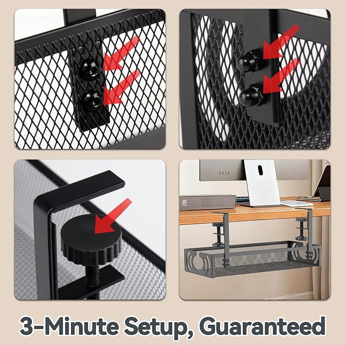 Cable Management, 15'' Under Desk Cable Management Tray No Drill, Metal Cable Organizer with Clamp for Wire Management, Cord Organizer for Home Office, Desk Accessories Organizer, Black