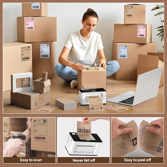 MUNBYN Brown 4"x6" Direct Thermal Shipping Labels, Commercial Grade Permanent Adhesive Fanfold Mailing Postage Label Paper for Thermal Printers and Packages, 220 Sheets per Stack