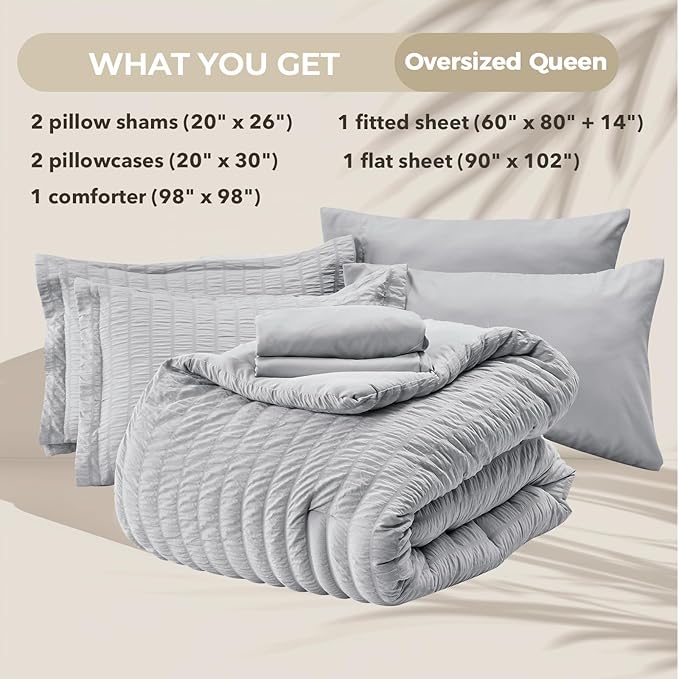 HYMOKEGE Light Grey Oversized Queen Comforter Set Seersucker 7 Pieces, All - Image 5