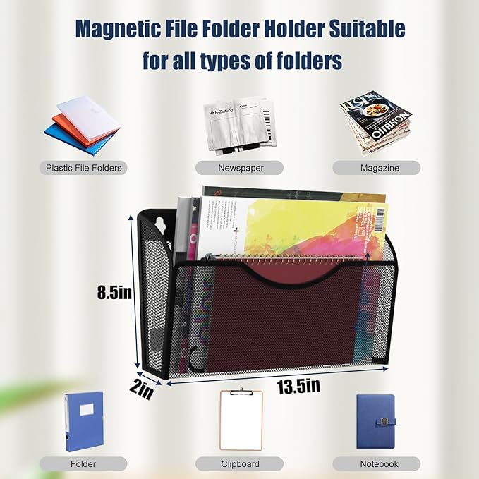 LQPAFZ Magnetic File Holder 2 Pockets File Folder Organizer, Office Hanging Magazine Rack for Refrigerator, White Board, No Drilling Paper Document Holder Mail Organizer for File Cabinets